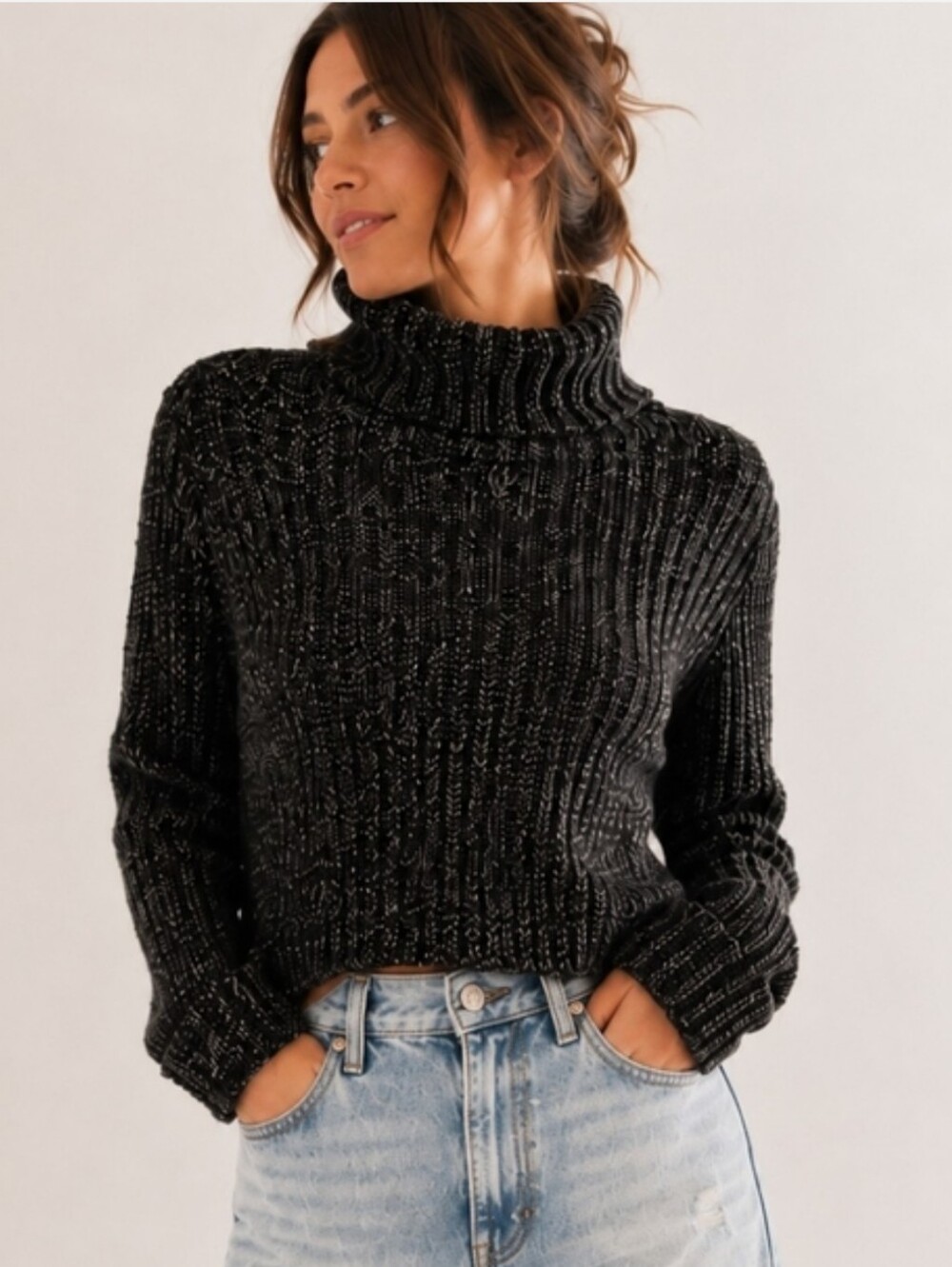 Free People Black Marled Ribbed Cropped Turtleneck Chunky Sweater Medium EUC